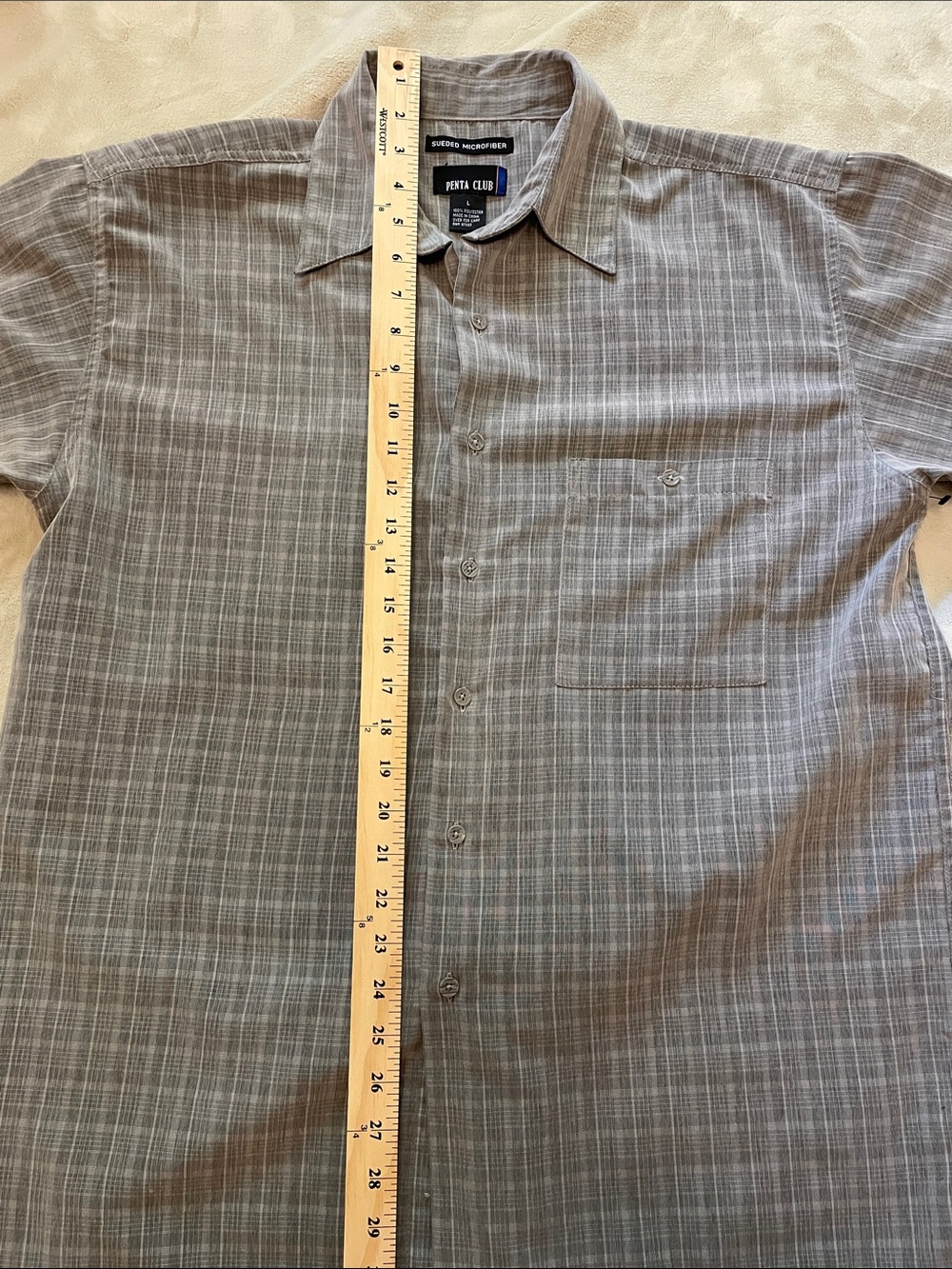 Penta Club Men's Gray Short-Sleeve Button-Up Shirt, front pocket, Large